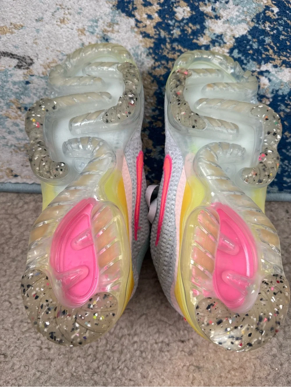Nike Air Vapormax Grey Knit Sneakers with Pink Swoosh and Yellow Soles